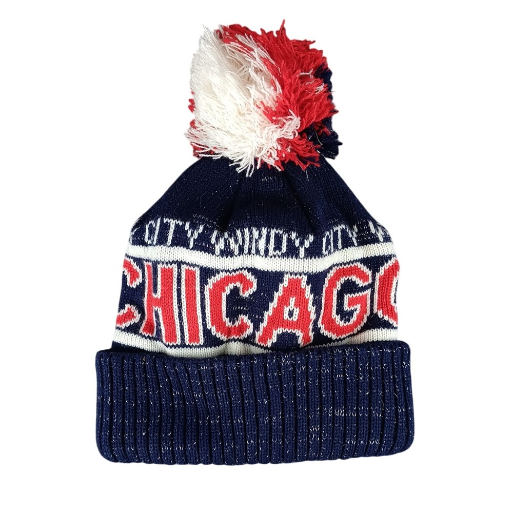 Robin Ruth Chicago Windy City Pom Pom Beanie Hat Navy Red White